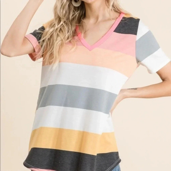NWT bibi boutique Coral Striped French Terry V-Neck Top - Picture 2 of 12